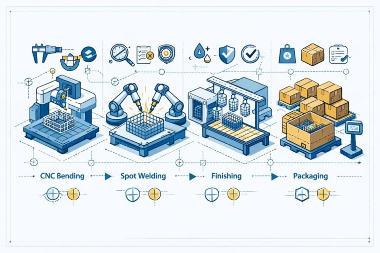 Metal wire storage rack manufacturing process with bending welding finishing and packaging